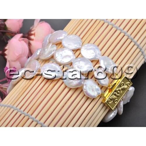 P5627 3row 8" 14mm White Coin Freshwater Cultured Pearl Bracelet