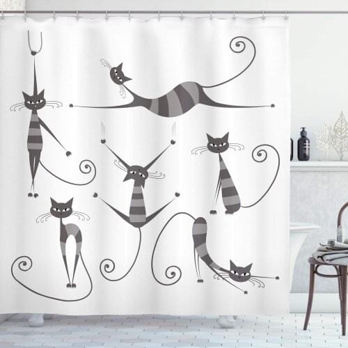Dimgray Cat Shower Curtain Furry Skinny Striped Cats Several Funny Body Postures Whiskers Feline Paws Art Image Bathroom Curtain