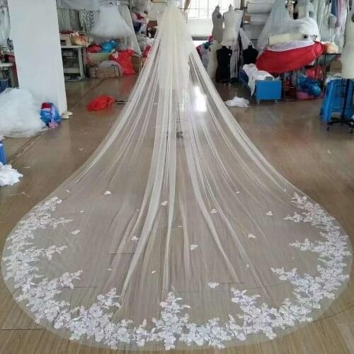 One Layer Appliques Lace Wedding Veil 3M Long Veil Cathedral Bridal Veils White Ivory 3M Width