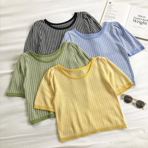 2021 Summer New T-shirt Women Plaid Elegant Fashion Sweater Slim Trendy Spring Gentle Graceful Teenager Girl Purple Pink Black