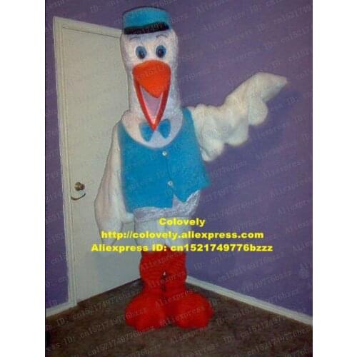 Gentlemanlike White Goose Geese Swan Cygnus Stork Wild Mascot Costume With Small Blue Peaked Cap Big Orange Sharp Mouth No.8438