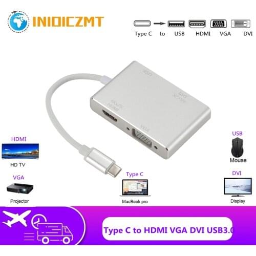 INIOICZMT USB 3.1 USB Type C to HDMI VGA DVI USB 3.0 HUB 4 in 1 Adapter Cable for Laptop Apple HUB Splitter USB C Converter HUB