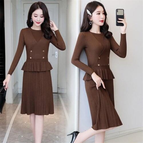 Two Piece Sets Womens Sweater vest Line Dress Suit Knitting Winter Female Ladies Casual Long Dresses Knitted Suit
