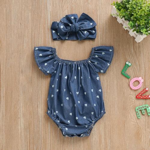 0-24M Baby Romper Newborn Infant Baby Girls Hearts Love Short Sleeve Off Shoulder Romper Jumpsuit Headband Summer One Piece