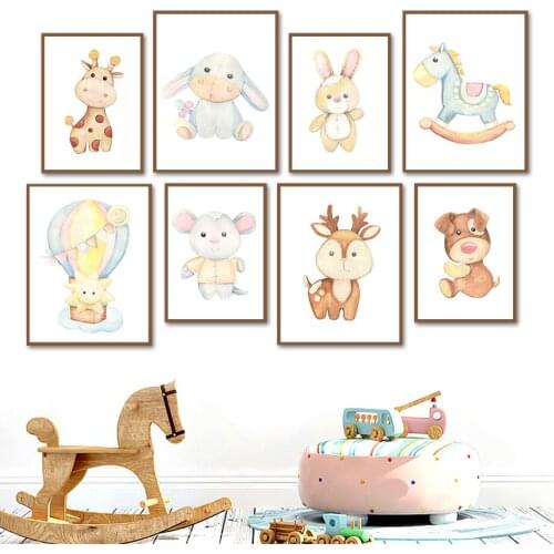 Cartoon Giraffe Mouse Deer Dog Rabbit Toy Doll Wall Art Canvas Painting Nordic Posters And Prints Wall Pictures Kids Room Decor