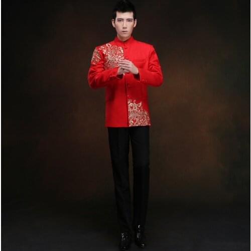 Red tunic men traditional chinese male oriental mens clothing shanghai tang cheongsam top wedding chinese tang suit for men