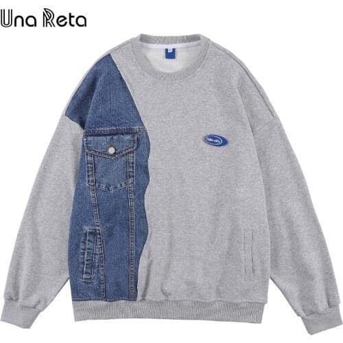 UnaReta Men Sweetshirts Casual Autumn Men Clothing Harajuku Oversized Hoodies Loose One Piece Denim Stitching Mens Sweatshirt
