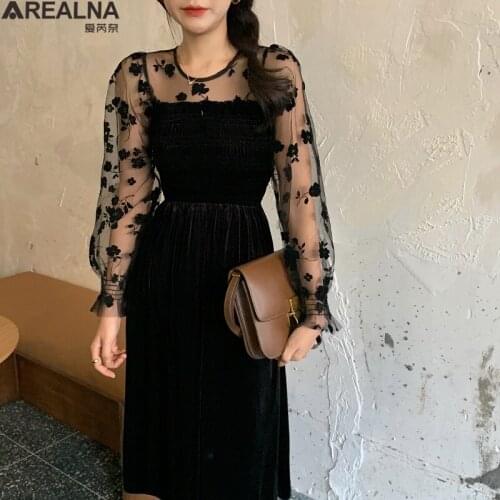 2020 New Chic Sweet Dress Women Korean velvet Mesh Patchwork Long Elegant dresses for women Ankle-Length Party Female Vestidos