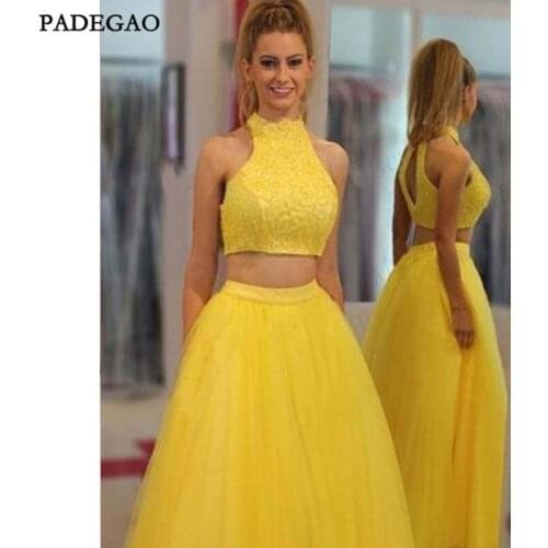 New Yellow Evening Dresses A-Line High Neck Prom Dress Sleeveless Lace Hollow Back Two Pieces Tulle Sexy Evening Dress