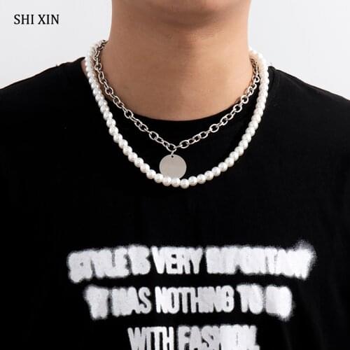 SHIXIN 2Pcs Pearl Beads Choker Necklace Set Men Layered Chain With Coin Pendant Necklace for Women Fashion Necklace 2021 Jewelry