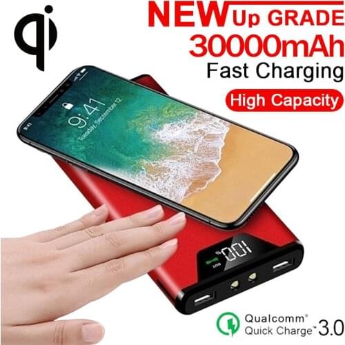 High Capacity 30000mAh Wireless Fast Charging Power Bank With2USB LED Light Portable Charger Powerbank for Iphone Xiaomi Samsung
