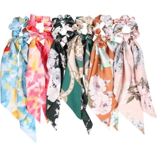 Summer Hair Band Long Hair Ribbon for Women Ponytail Scarf Sweet Elastic Hair Accessories Floral Print Scrunchies Solid