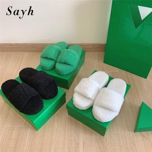 WITH LOGO Winter Autumn Flats Slippers Slides Women Warm Faux Fur Mules Casual Shoes Outdoor Cotton Shoes Size