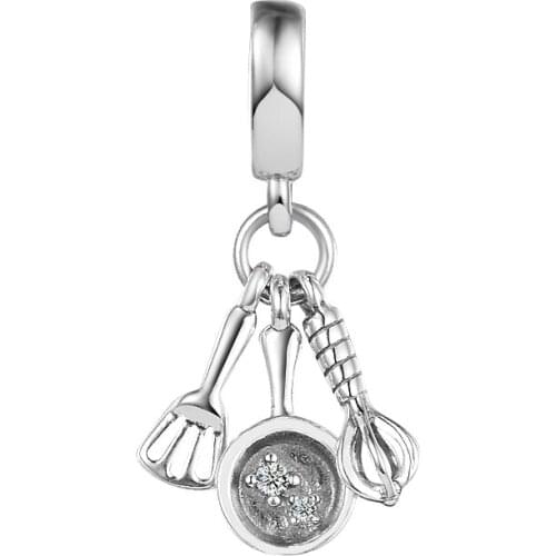 CKK Silver 925 Jewelry Spatula, Frying Pan & Whisk Dangle Charm Fits Original Bracelets Sterling Beads