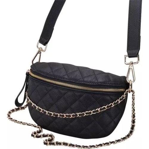 Real Leather Women Plaid Chain Waist Packs Belt Bag