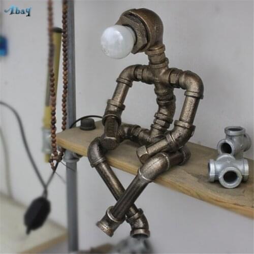 Vintage Industrial Iron Art Plumbing Man Table Lamp for Study Bedroom Bedside Bar Creative Art Deco Led Desk Lights Fixture