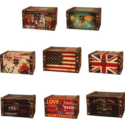 Hot Vintage Storage Decorative Suitcase Small Retro Wooden Box Casket Lock Desktop Storage Box Finishing Muhe Jewelry Box