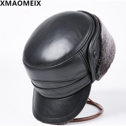 XMAOMEIX Natural Genuine Leather Hat Fur Fluff Bomber Hat For Men Winter Thick Warm Earmuff Hat Cowhide Leather Cap Men Flat Cap