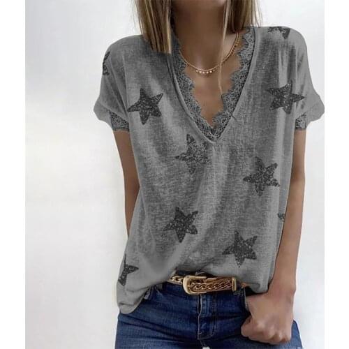 Summer Star Print Sexy V-neck T Shirt Women Patchwork Short Sleeve Tops Casual Loose Plus Size Streetwear Tee Shirt Femme S-5XL
