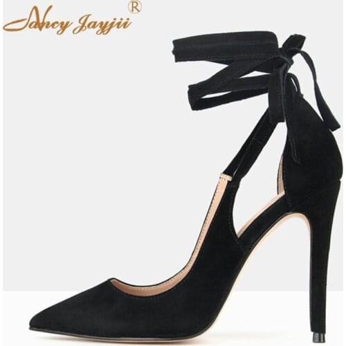 Women Shoes Ladies Pumps Flock Solid Ankle Strap Lace-Up Wedding/Party Super High thin heels Cover Elegant Fashion Novelty 2019