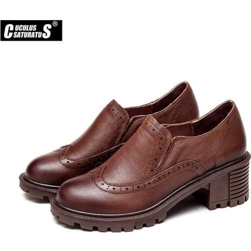 Round toe Mid Heels Women 2021 Autumn Single Shoes Woman Genuine Leather Shoes Vintage Girls High Heel Platform Shoes