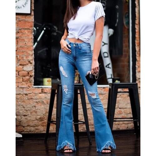 2020 New Fashion Women Ripped Flare Jeans High Rise Waist Slim Fitted Denim Pants with Tassel Hem Slimming flared womens pants