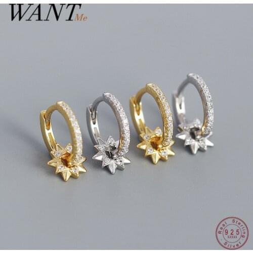 WANTME 925 Sterling Silver Unique Circle Rotating Star Hoop Earrings for Women Bohemian Charming Fine Gothic Ear Buckle Jewelry