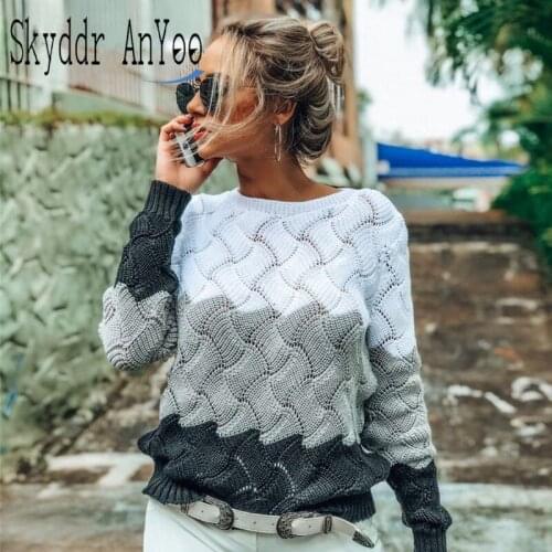 2020 Autumn Winter Women Sweaters Fashion Long Sleeve O-neck Knitted Pullover Sweater Vintage Splice Casual Fall Pullover Jumper