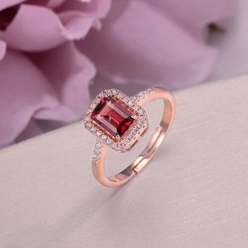 Fine Jewelry Rings For Women 925 Silver Natural Garnet Gemstone Rectangle Red Ringen Vintage Rose Gold Plated Anillos CCRI009