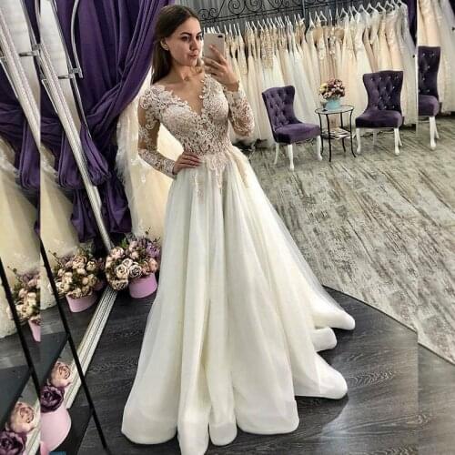 Vintage Bride Dress A-line Wedding Dresses With Illusion Back Lace Appliques Long Sleeves Bridal Dress vestido de noche