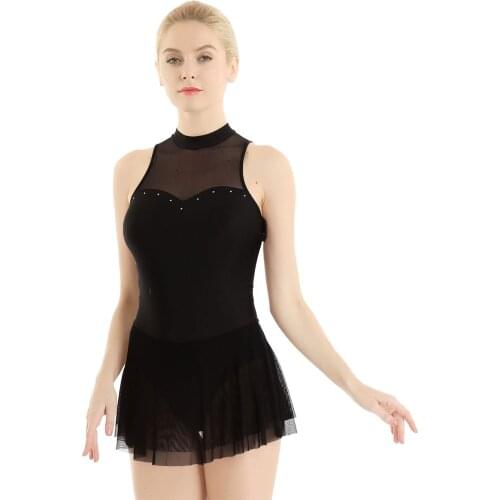 Women Shiny Rhinestones Mesh Splice Gymnastics Leotard Ballet Bodysuit Figure Skating Dress Adult Stage Performance Dance Wear