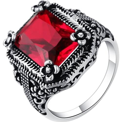 UFOORO Vintage crystal ring for women scarlet square birthstone ancient silver finger ring female birthday party jewelry gift