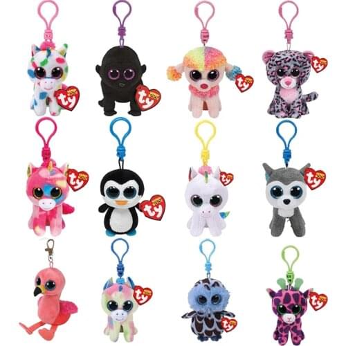 10cm Ty Beanie Big Eyes Babies Plush Dog Keychain Unicorn Penguin Leopard Owl Monkey Clip Toys Child Birthday Gift