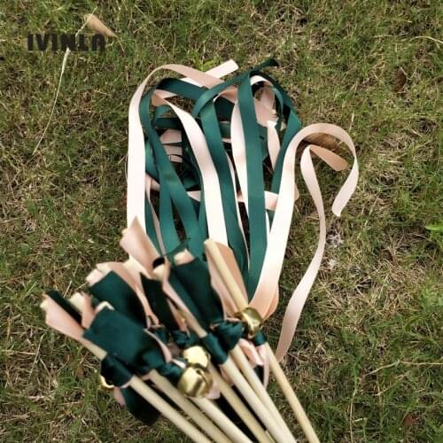 50pcs/lot dark green wedding ribbon wands With big gold Bells for wedding decoration