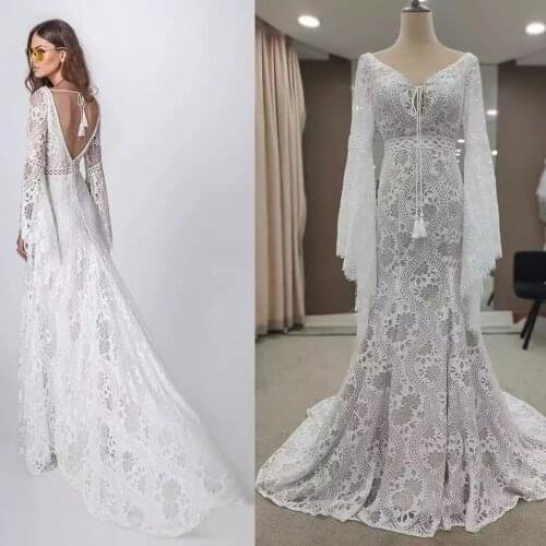 803#2020 New Design Long Lantern Sleeve Empire V-Neck Small Train Beauty Backless Lace Boho Beach Wedding Dresses Women