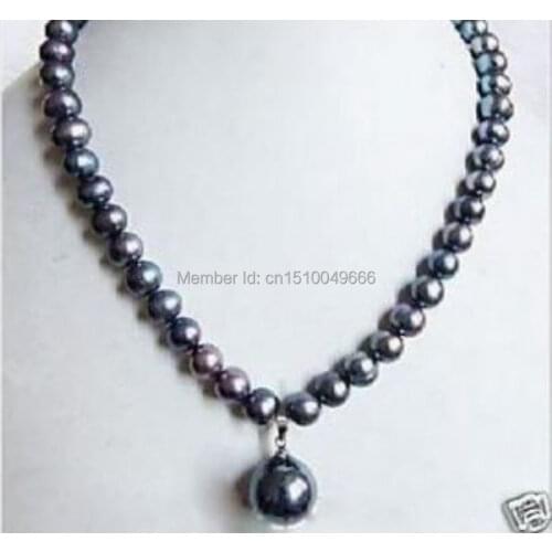 FREE SHIP>>>7-8mm Black Tahitian Pearl Necklace Shell Pearl Drop 18 "