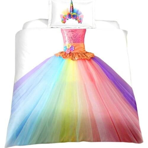 Childrens Bedding Set,Rainbow Unicorn Princess Dress for Girls Duvet Cover with Pillowcase,Kids Birthday Gift Home Bed Decor
