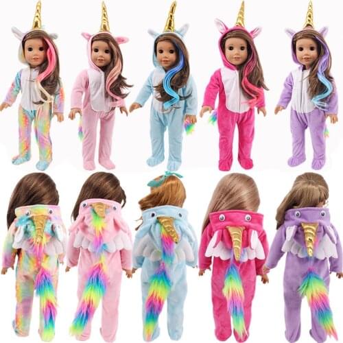 Unicorn One-piece Pajamas+Wig/DressFor 18Inch American&17Inch 43cm Born Baby Doll Clothes Accessories Generation Russian DIY Toy