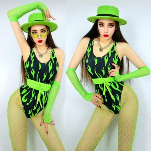 Fluorescent Green Flame Jumpsuit Pole Dance Clothes Sexy Gogo DS Costume Women Bodysuit Nightclub DJ Rave Outfits Suit XS1899