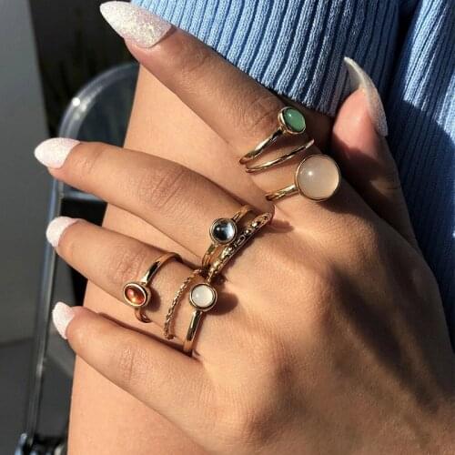 Boho Candy Color Rings 8Pcs/Set Female Girls Sweet Colorful Stone Metalic Joint Rings Jewelry For Womens Wedding