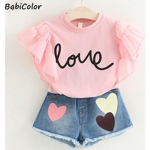 BabiColor Girls Summer clothes Toddler Girls Clothing 2Pcs Outfits love short sleeve + denim shorts Girls Tracksuit Suit 2-7Y