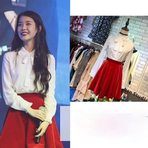 Kpop IU Lee Ji Eun White Loose Bow-Knot Cardigan Lace-Up Shirt Blouse Tops+Red Sexy High waist A-Line Skirt Women Two-Piece Sets
