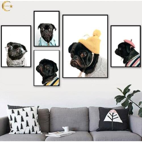 Black Fashion Pug Glasses Hat Canvas Painting Nordic Wall Art Posters and Prints Animal Wall Pictures for Baby Kids Room Decor