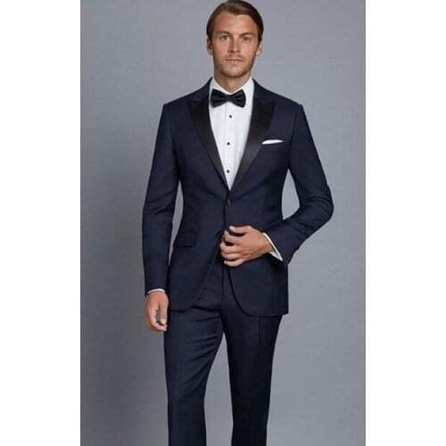 Hot Recommend Two Buttons Navy Blue Groom Tuxedos Groomsmen Peak Lapel Mens Suits Blazers (Jacket+Pants+Tie) W:903