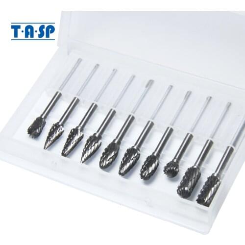 TASP 3.2mm 1/8'' Shank 10pcs Tungsten Carbide Burrs Wood Milling Cutter Engraving Bits Set for Dremel Rotary Tool Accessories