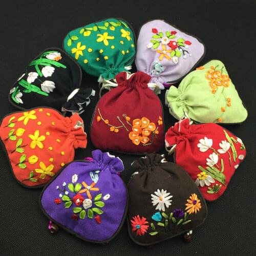 Wholesale 10pcs 11X13CM Handmade Embroidered flower Linen bag jewelry bag Gift Bags wallets