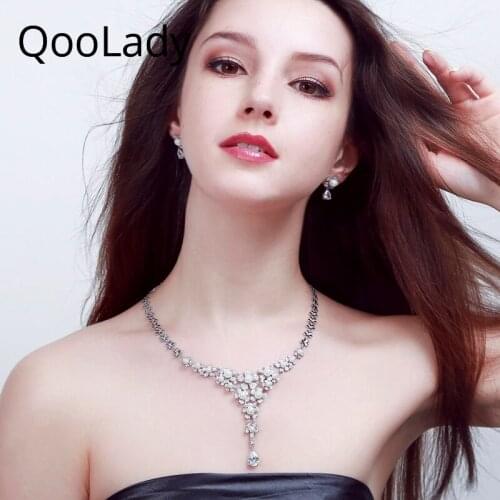 QooLady Trendy Wedding Bridal Formal Party Pearl Flower Drop Jewelry CZ Zircon Crystal Fashion Costume Necklace Earring Set Z055