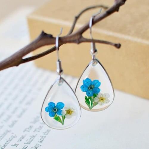 1Pair Real Plant Dry Flower Waterdrop Pressed Flower Dangle Earrings Fashion Woman Ear Jewelry Accessaries