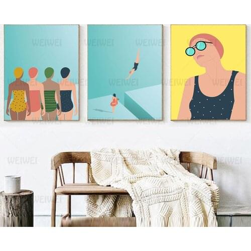 Nordic Poster Swimmer Jump to the pool Canvas Painting Wall Art Pictures For Living Room Modern Decorative Prints On The Wall