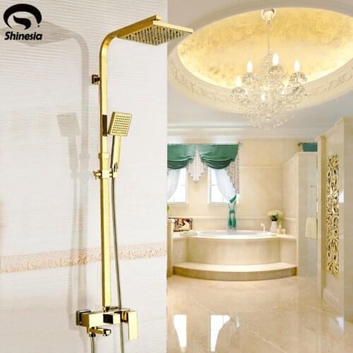 Shinesia Luxury Golden Brass Bathroom Faucet Mixer Tap Wall Mounted Hand Held Shower Head Bathtub Spout Shower Faucet Sets